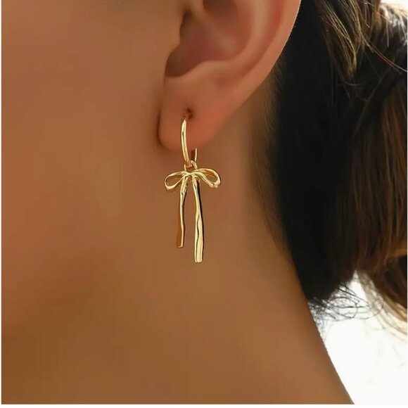 Delicate Gold Bow Dangle Stud Earrings - Picture 2 of 6